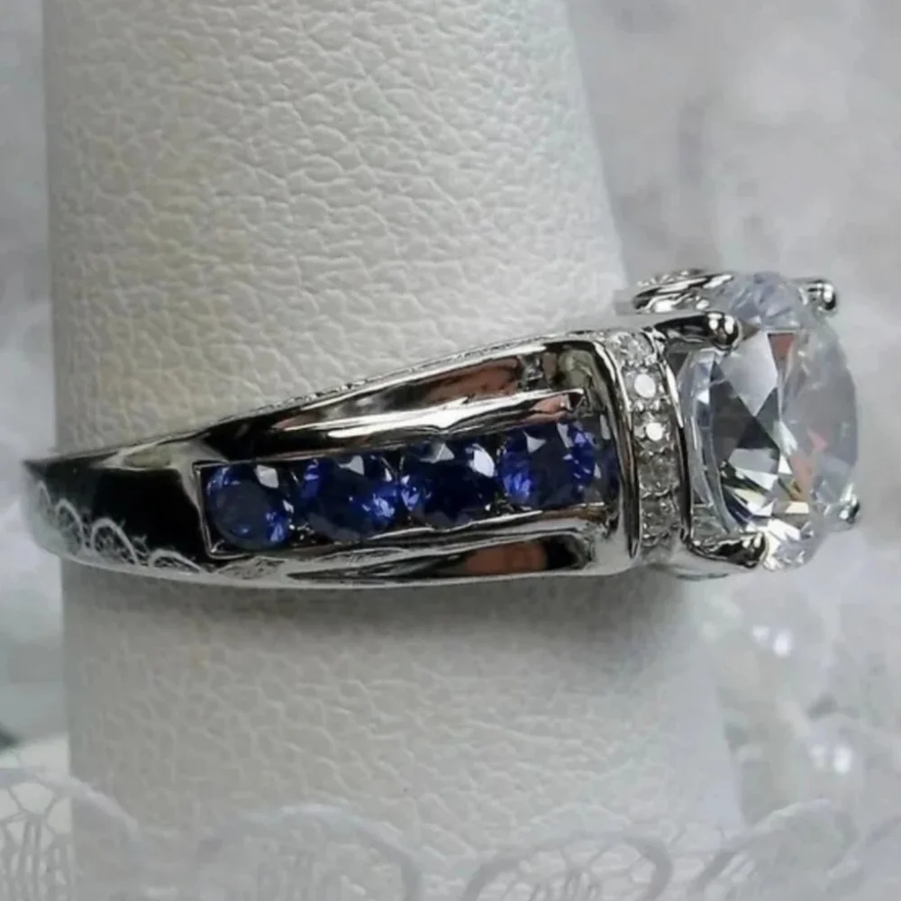 3Ct Round Cut Lab Created Diamond Sapphire Engagement Ring 14K White Gold Plated